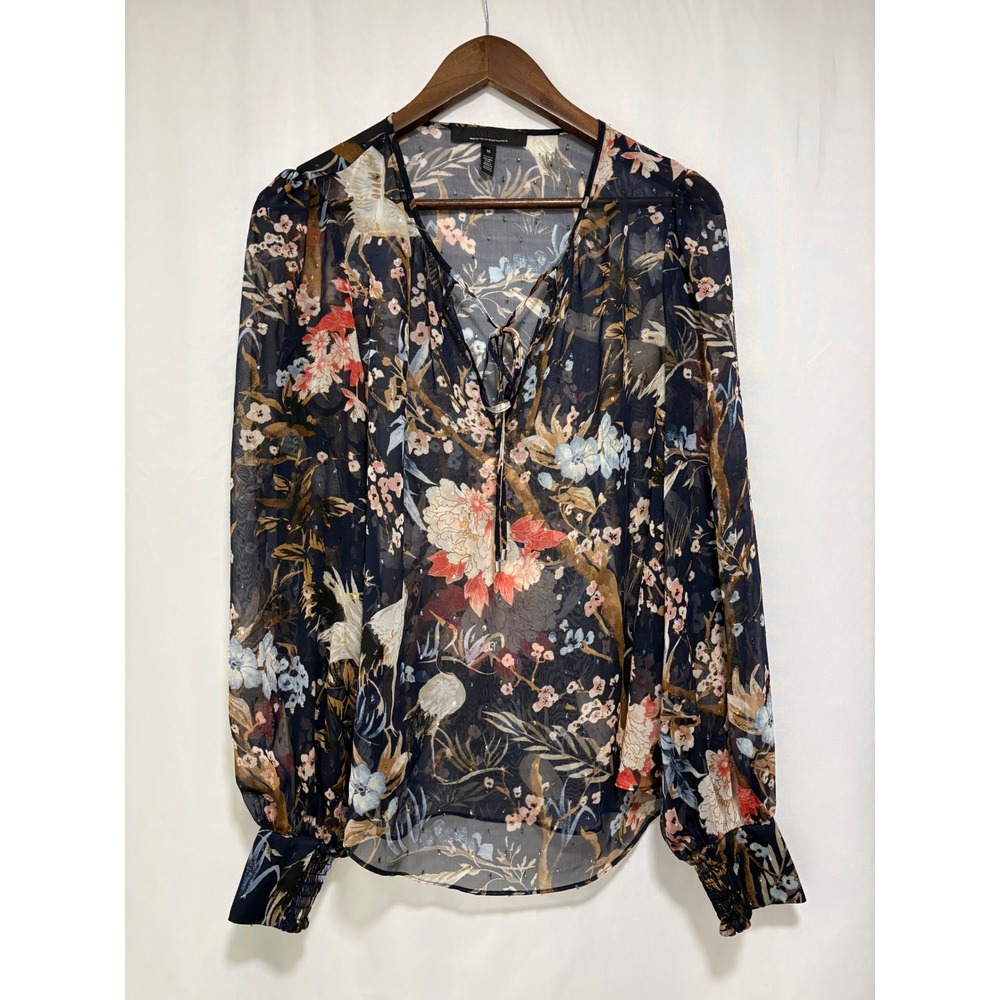 White House Black Market Women's M Navy Floral Bird Sheer Blouse Metallic